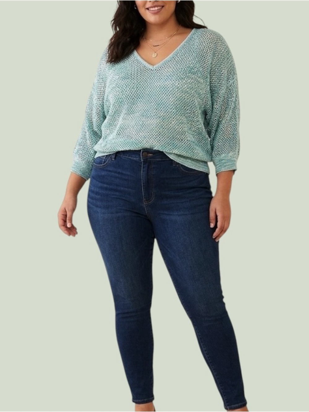 Lane Bryant Women's Plus 18/20 Open Knit V-Neck Dolman Sweater Green/Silver